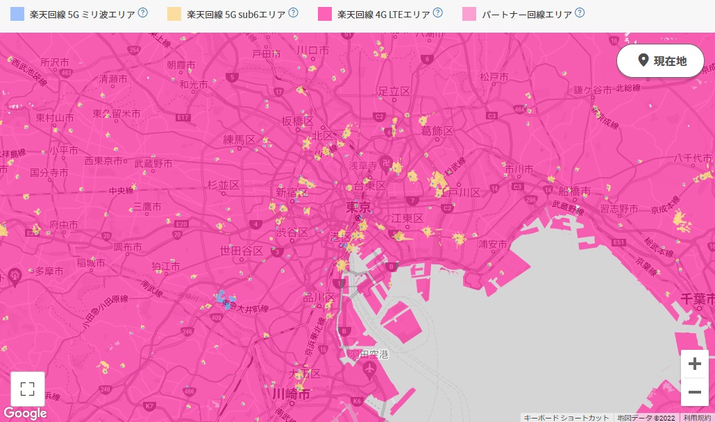 2022年楽天モバイルの5Gエリアマップ