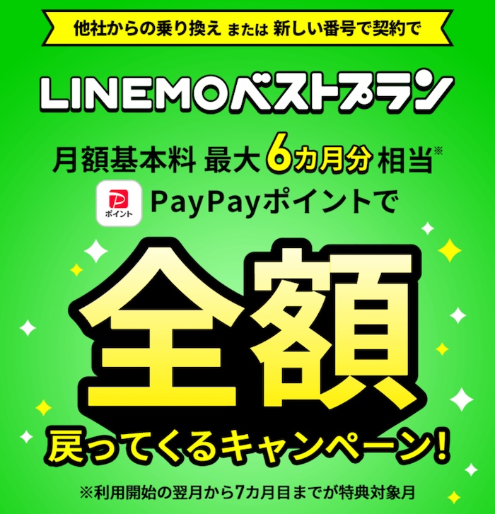 LINEMO「ベストプラン最大6カ月分基本料全額戻ってくるキャンペーン」