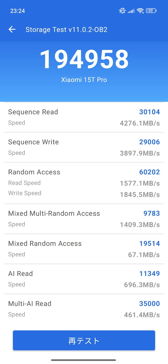 Xiaomi 15T ProのAnTuTuストレージテストスコア